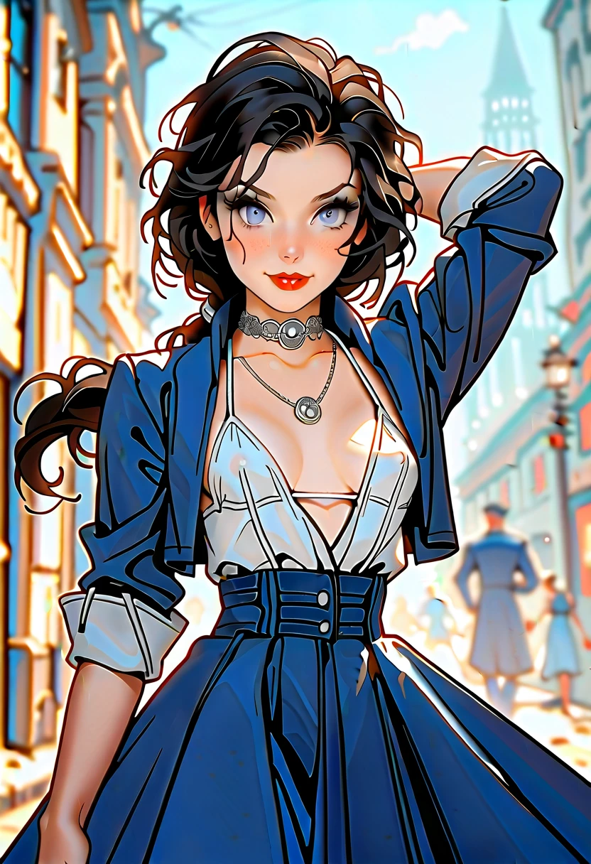 1woman, ((solo)), Elizabeth Comstock from "Bioshock Infinite", dark hair, (long loose hair gathered in a low ponytail), pale skin, blue eyes, red lips, light smile, (small breasts), erect nipples;; (cameo choker necklace), (wearing a blue bolero 3/4 cropped jacket:1.27), micro bikini top under jacket, (wearing a long blue a-line dress:1.42), (high front slit in dress:1.32), opaque pantyhose, heeled boots;; (cropped at knees:1.37), contrapposto stance, (dancing poses:1.27);; on the street of an art deco city;; ELIZABETH2, CyberRealistic_Negative_PONY 