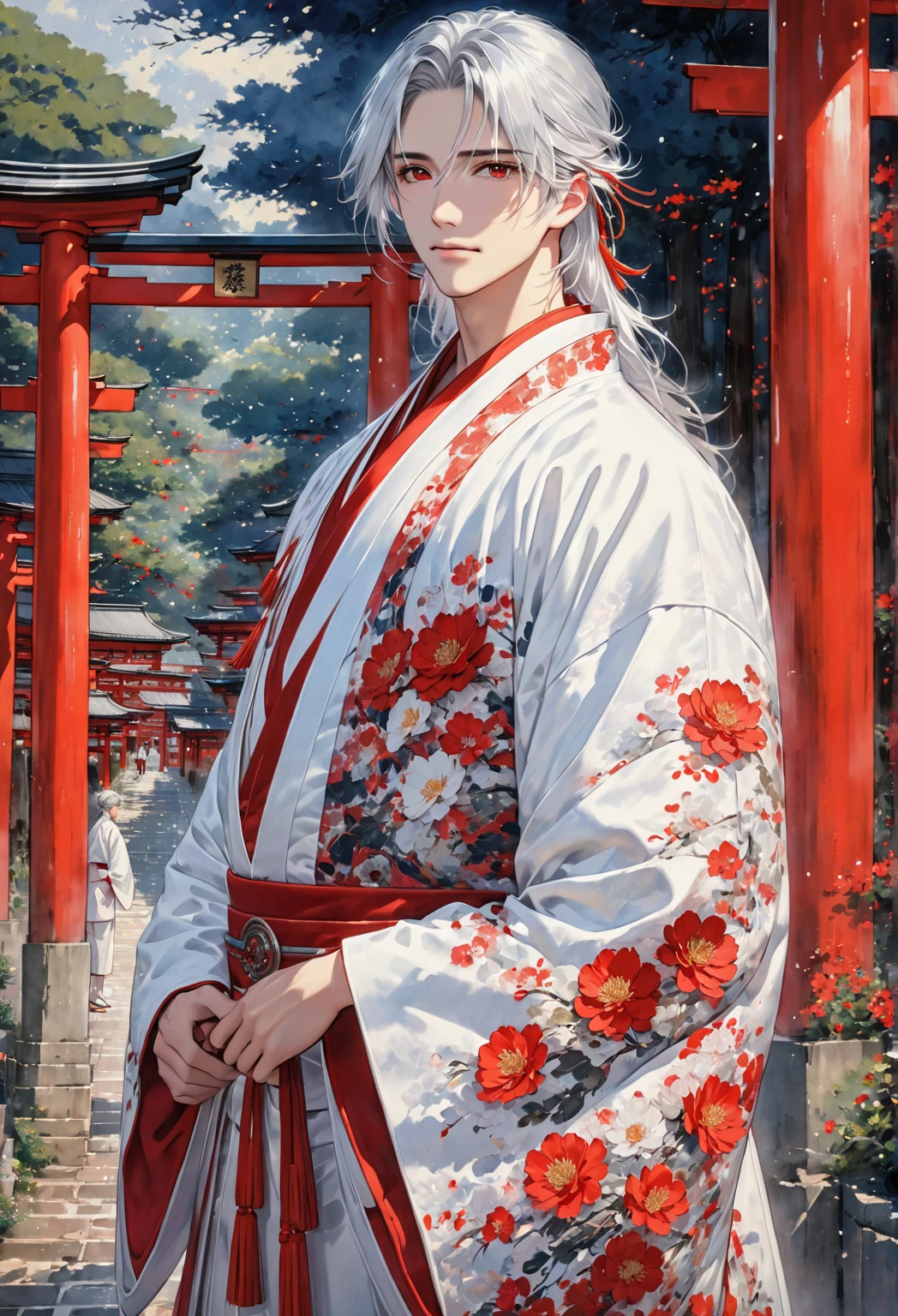 (( best quality)), ((masterpiece)), ( Details)、male１people、 long silvery hair 、 red eyes、emotionless eyes 、 white kimono、 standing under the torii gate、 handsome、Both have