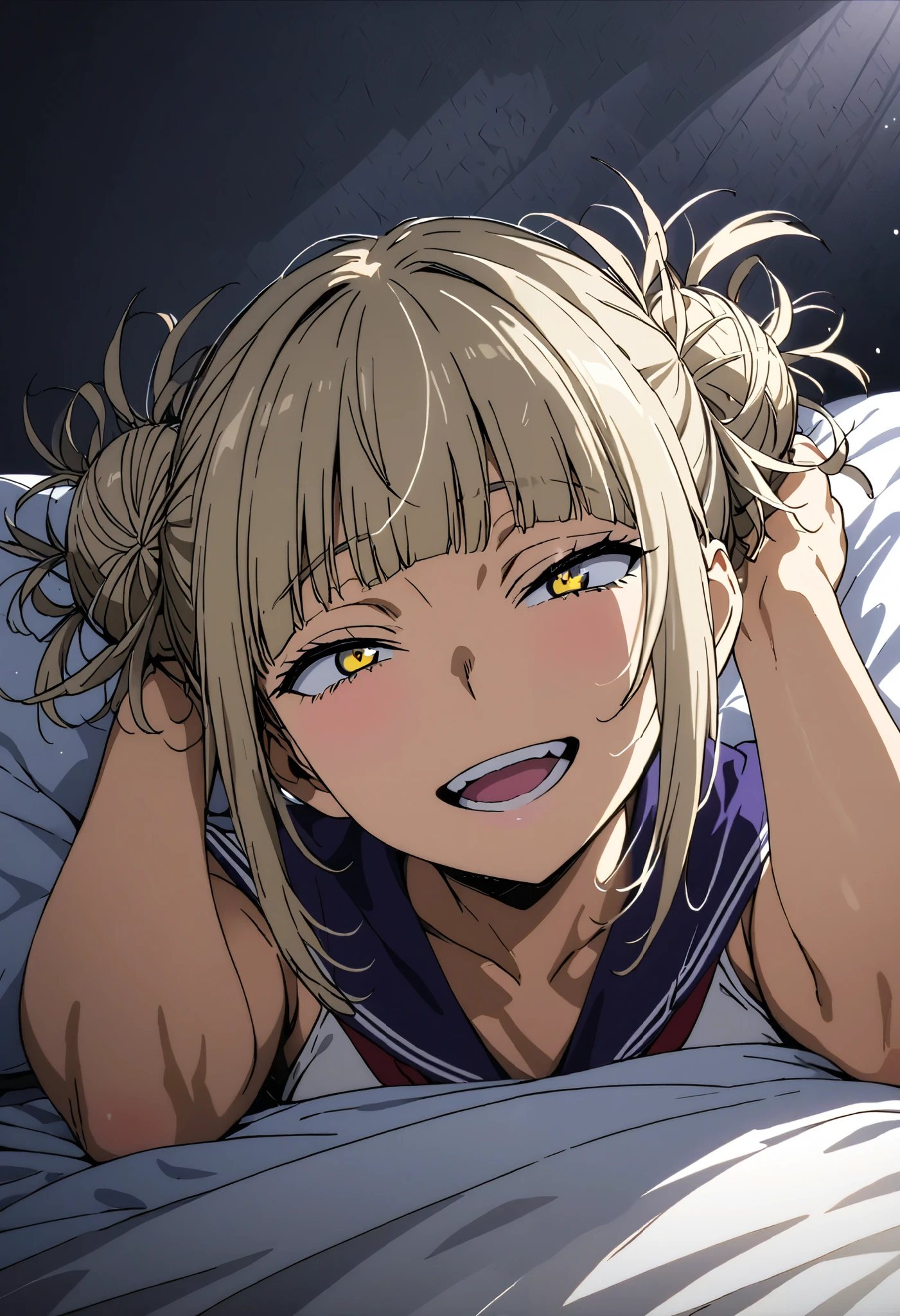 ((full body)), toga himiko, Double Bang , Yellow Eyes , blonde hair , wide open mouth, , school uniform, tooth, smile, , school uniform, tooth, smile, sailor suit, Blue sailor collar, Red Neckerchief , teeth, top quality,wallpaper, super detailed, 1 girl 、Thin legs、Make the head smaller、いたずらっぽいsmile, the angle of looking up from below :1.5、♡♡♡, is leaking sex by morning,masterpiece,best quality,ultra detailed,supper fine illustration,hires,official art, bed with crotch open, orgasm, Head On Pillow , lies in bed, sleep, Almost naked, nudes, purple and white cheerleader bra, Purple Miniskirt , Small Top, Big Breasts , Hands Spread Over Her Head , Curvy Body,