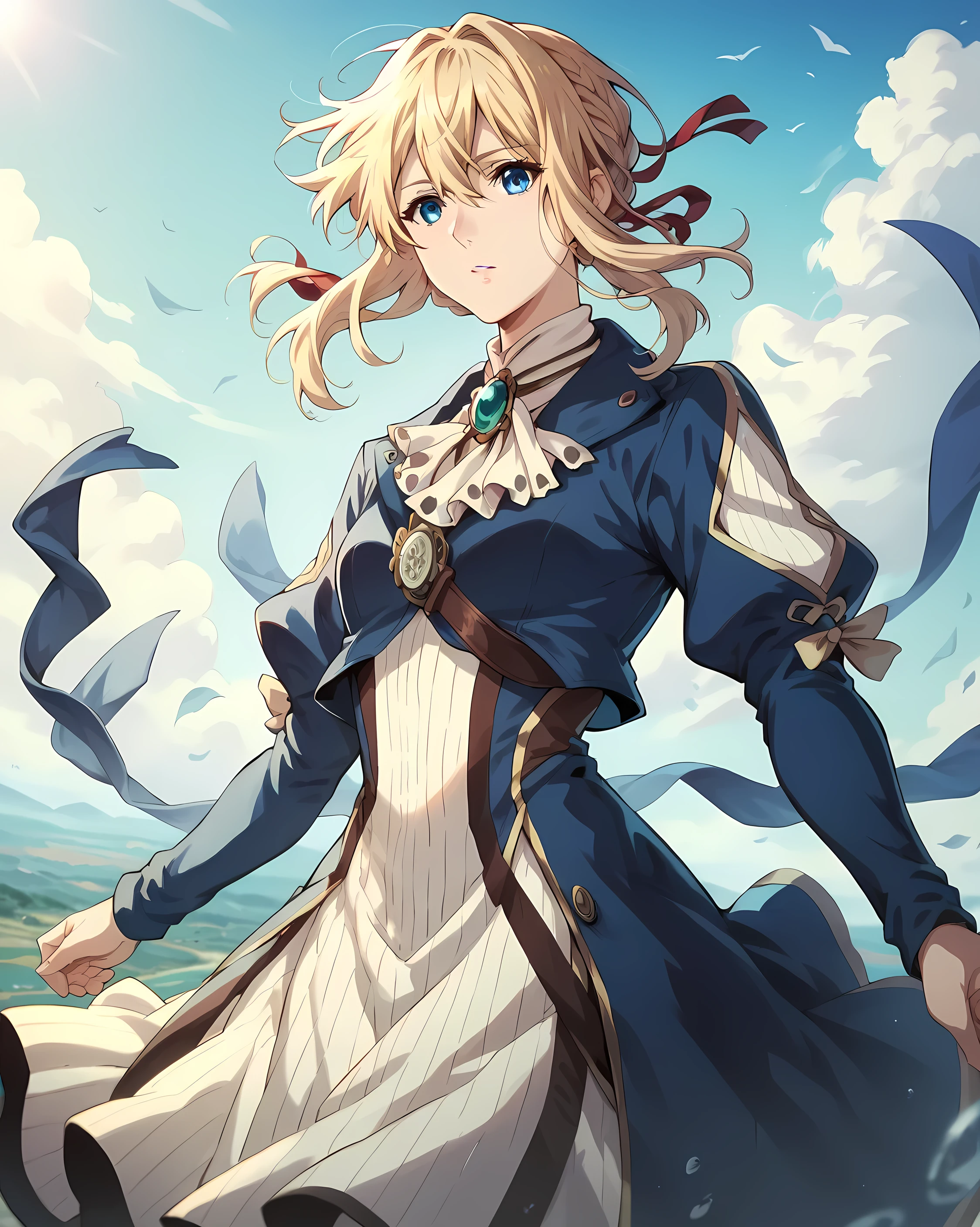  Anime Style, top quality, 4K,  very aesthetic ,  1 woman,Violet Evergarden , blonde hair ,Blue Eyes, blue jacket , dress, Dynamic Angle , cowboy shot,