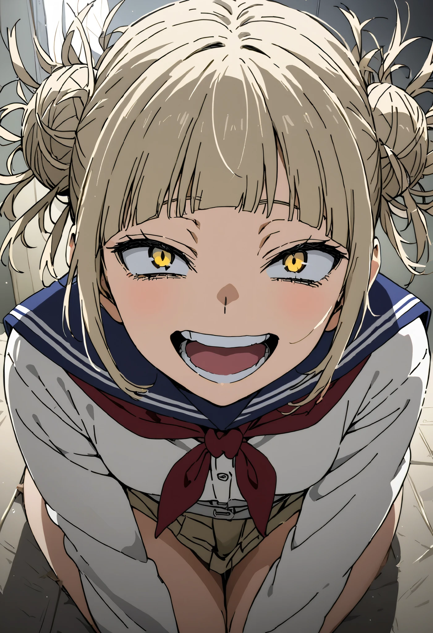 toga himiko, Double Bang ,  Yellow Eyes ,  blonde hair ,  wide open mouth, ,  school uniform, tooth, smile, ,  school uniform, tooth, smile,  sailor suit, Blue sailor collar, ((full body)),  Red Neckerchief , teeth,  top quality,wallpaper,  super detailed,  1 girl 、Thin legs、Make the head smaller、いたずらっぽいsmile,  the angle of looking up from below :1.5、♡♡♡、( Moving Pose )、 thighs thighs thighs  , is leaking sex by morning, Angle looking up from below:1.5