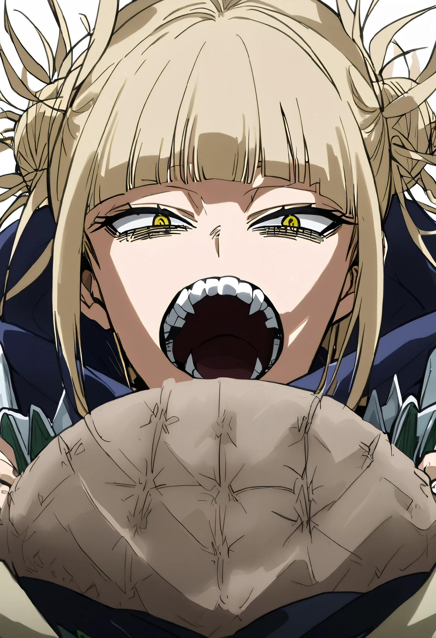 toga himiko,  1 girl,  Double Bang ,  Yellow Eyes ,  blonde hair ,  wide open mouth, ,  school uniform, tooth,  viewers who stop at the edge, smile, Butchoukami ,  sailor suit, Blue sailor collar,  white background , side lock, clavicle,  upper body,  simple background,  Red Neckerchief , teeth, I narrowed my eyes.