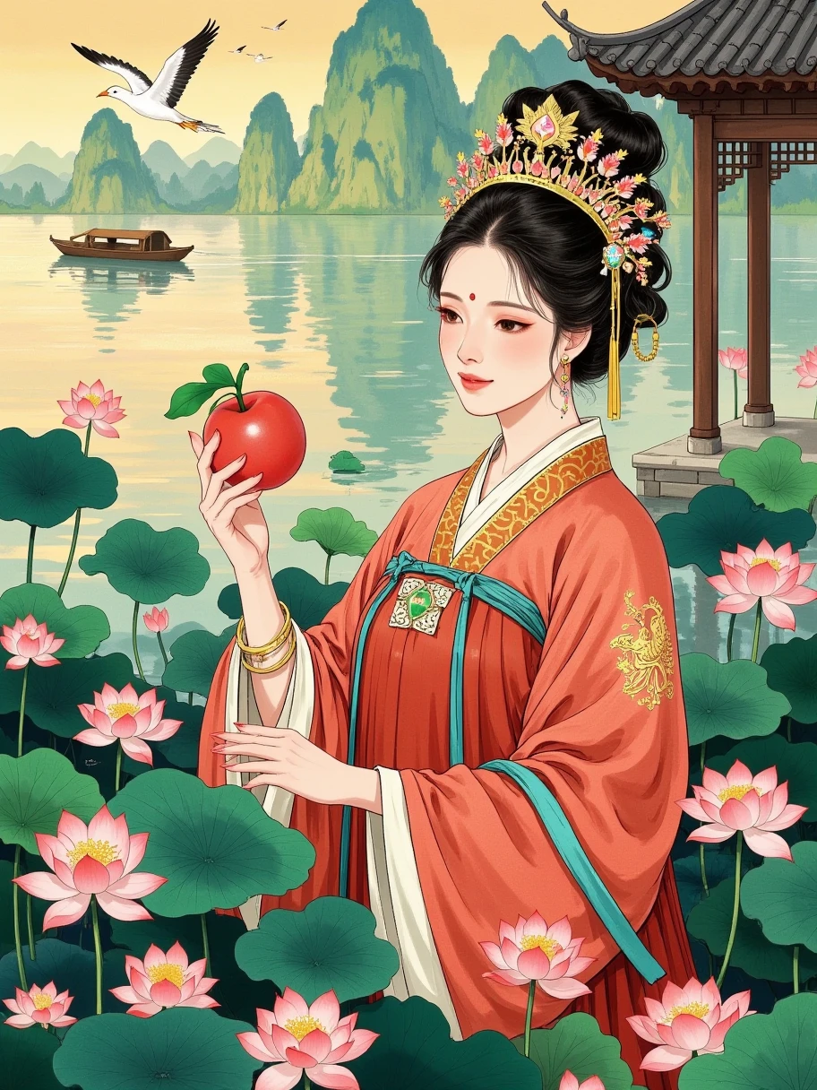 Queen Mother，Western Princess ， embroidered with golden phoenixes and peonies ， The crown is adorned with brilliant jewels ，It symbolizes supreme honor and power。 and wearing a phoenix crown on her head ， The face of the royal mother and daughter is noble and majestic ，Shining。Queen Mother的面容高贵而威严， symbolizes supreme honor and power 。She is holding a peach ， wearing a luxurious phoenix robe ， is a symbol of immortality 。