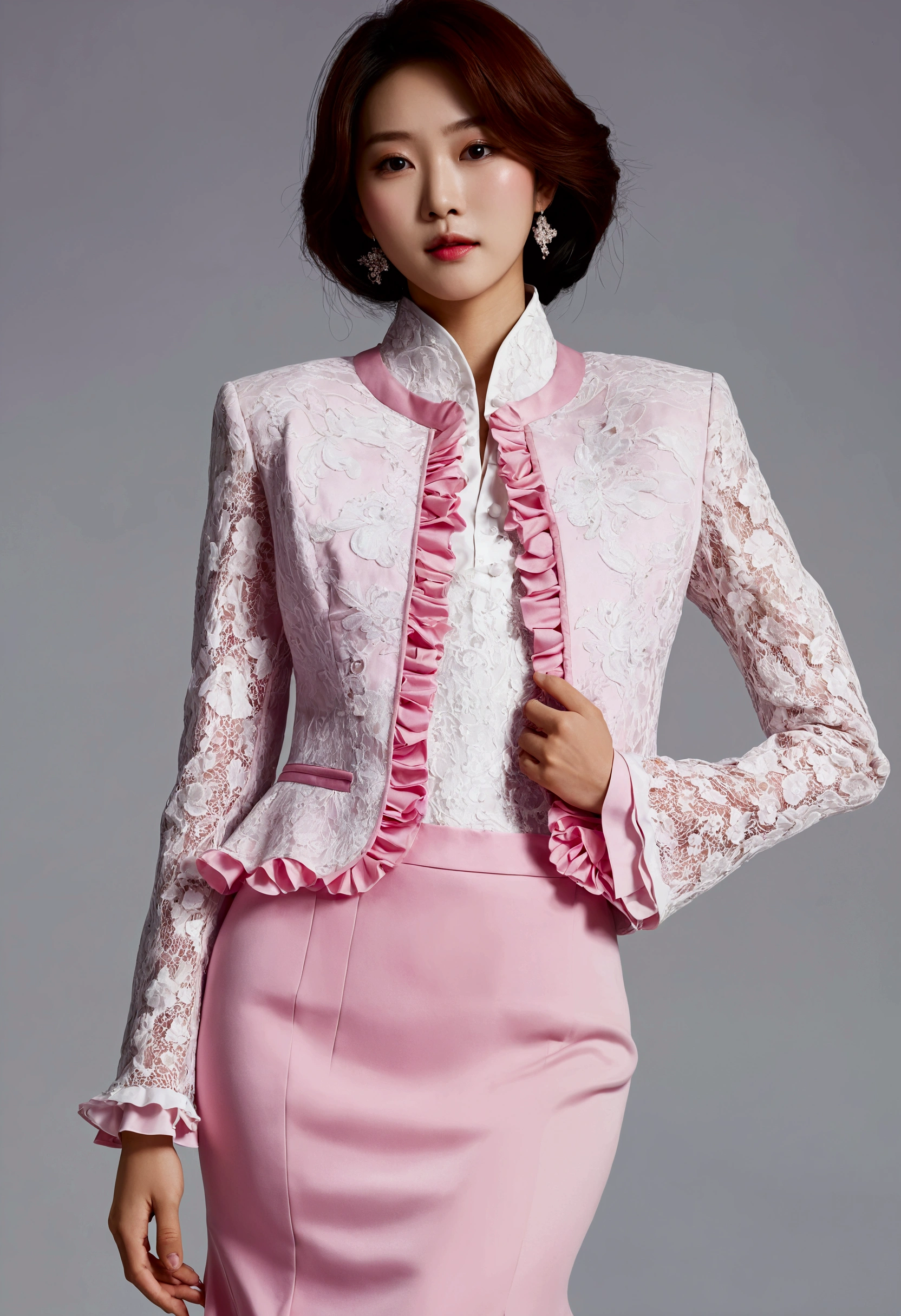 A Korean man is wearing a ladies' skirt suit, a beautiful skirt suit, he is a crossdresser, he has big breasts on his chest like a woman's, his face is very masculine, his hair is masculine short, pink and white, frills and lace. Decoration, lady's dress, two-piece, cropped jacket, small jacket, round neck jacket, China collar jacket, mermaid dress