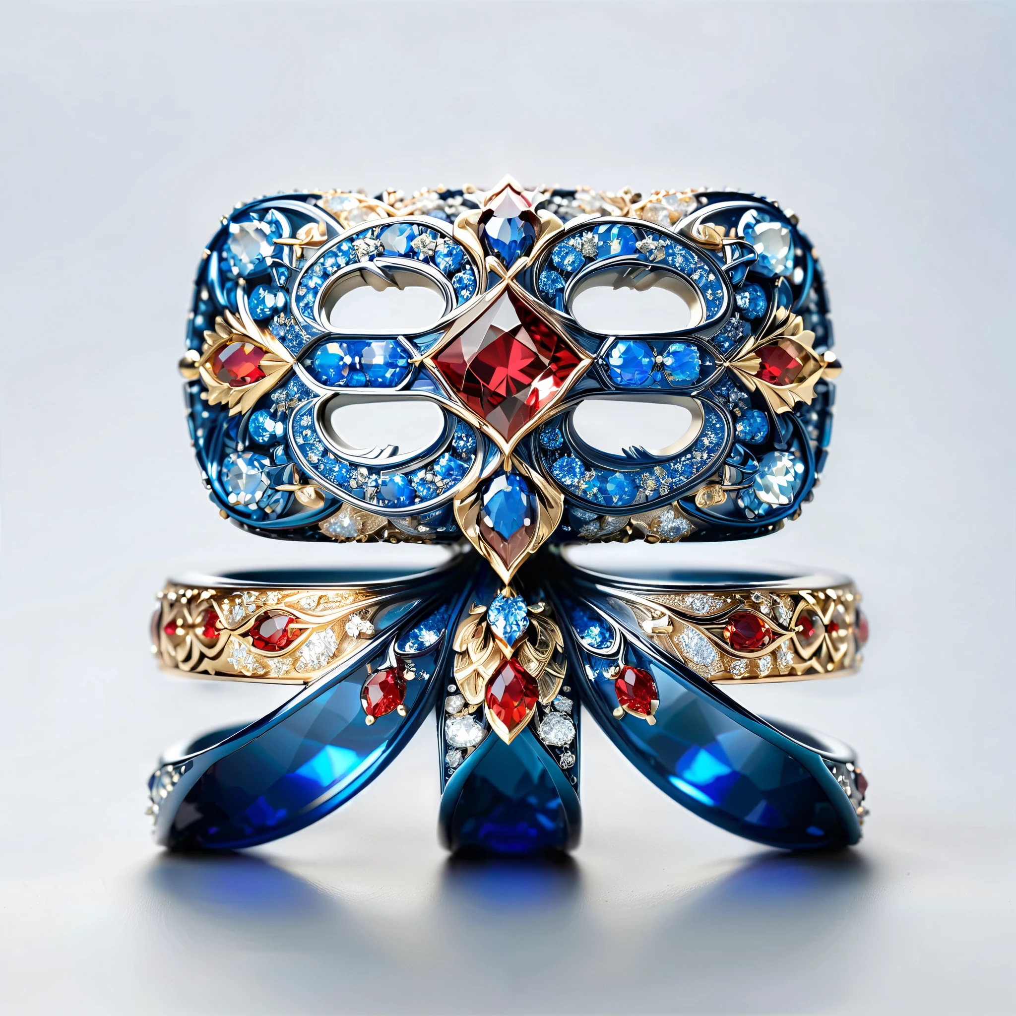 masterpiece, top quality,( Nothing but the ring ),(no one),With a phoenix, starry sky , exquisite,戒指中的 starry sky ,luster,Invert image,Sparkling red, white, and blue gemstones,Elegant and noble, The magical pattern on it emits a Tyndall effect light, It shines in a noble blue glow , The golden red tone is full of dark style patterns , Simple background ,(( white background ))