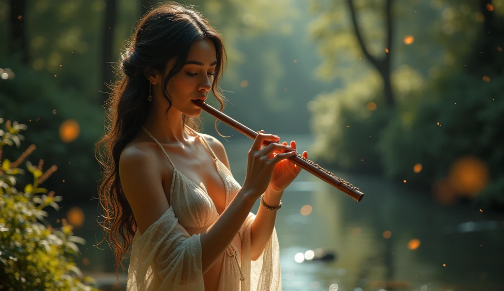 A beautiful elf maiden with deep blue eyes, clad in a barely-there outfit made of leaves and vines, accentuating her curves. She sits on a moss-covered stone in an ancient, enchanted forest, playing a delicate flute. The surrounding flora glows with a mysterious light, and fireflies dance around her, creating an otherworldly ambiance. The soft hum of the forest echoes her seductive melody, drawing the viewer deeper into the mystic woods. Aim for realistic depiction, make sure photos are at highest resolution (8K)