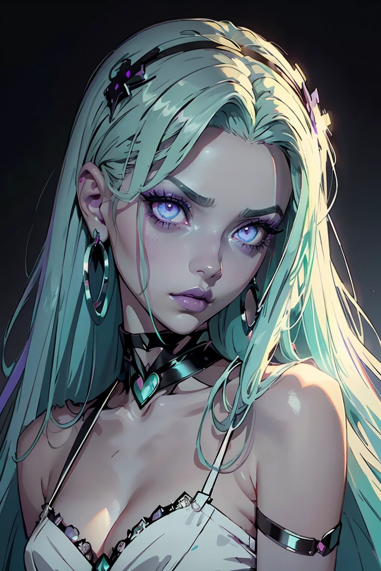 Goddess ((goddess-like woman)), slim, elegant silhouette, masterpiece, best quality, pale skin, fair skin, sweet face, (masterpiece: 1.2, best quality), (real picture, intricate details), (1 lady, solo, medium , small waist, ), ((Jinx/LOL)), beautiful face, kissable lips, very long mint green hair, hair slicked back, (very long mint green hair), mint green hair,(Purple eyes, Eye color: purple), purple glowing eyes, glowing eyes, crazy eyes, she has an impressive presence., bracelet, hoop earring, beautiful face, perfect makeup, Beautiful Eyes, big eyes, she looks at the viewer, Beautiful Eyes, big eyes she looks at the viewer, she Wears a Black Silk Mini Dress, s1lkm1n1, choker, silk dress, black dress,, background: large festival hall, luxury, bright white room, gala