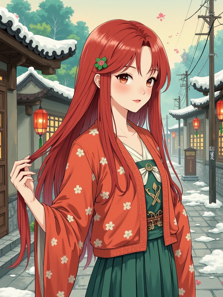 Artistic ink painting，New Gongbi，Texture Matte， anime girl with long hair, red hair clip with hair , Christmas street background , lofi girl ,  soft anime illustration , Retro Girl，Comic Girl,  lofi girl aesthetic ,  retro anime girl , Lofi art, Lovely art style, Lofi portrait, Naoko Takeuchi,  80s anime art style ，Shinkai Makoto，Fine fountain pen，Never tire of watching，Gentle and elegant， The years are peaceful