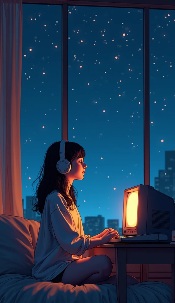 Perfect image, 8k, Sit in a gaming chair、A high school girl playing a rhythm game in her dimly lit room、 Loungewear、Using headphones, 2D-style animation, Lo-Fi、night、Energy Drinks、Retro、Anime style illustrations、looks fun、City view outside the window
