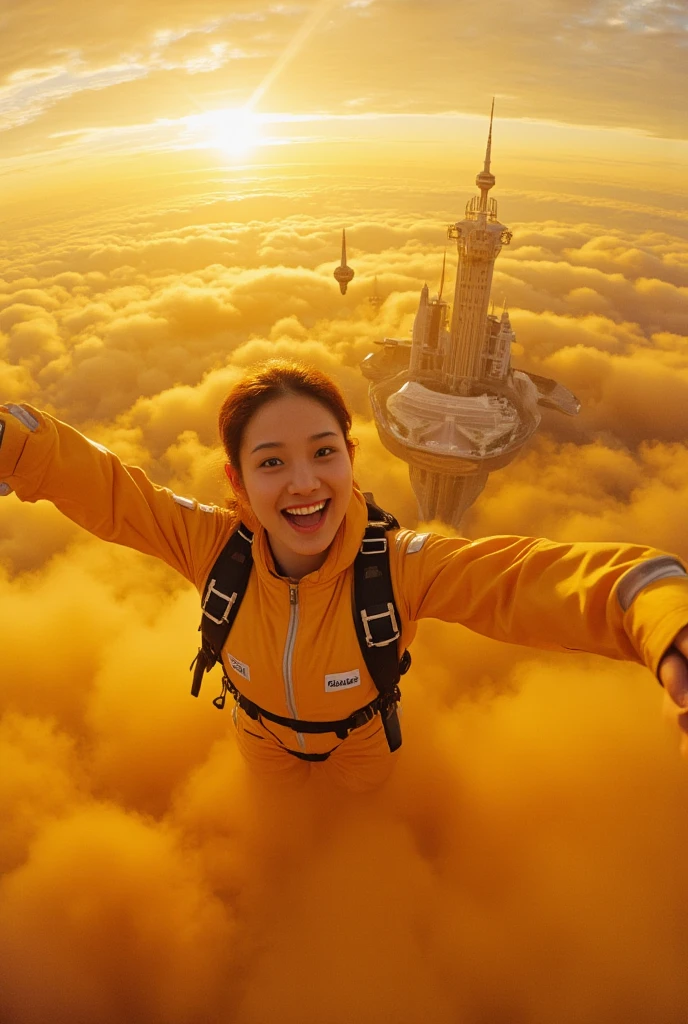 A WOMAN skydiving in air  in lots of yellow clouds city floating on lots of yellow clouds ((masterpiece)), ((best quality))), ((ultra-detailed)), UHD, 8K, ((high resolution))), ((illustration)), ((realistic)),  girl falling skydiving in air in yellow space suit taking selfie on floating city, in background show (Best quality,4K,8K,A high resolution,Masterpiece:1.2), Ultra-detailed,(Realistic,Photorealistic,photo-realistic:1.37), Futuristic floating city, Futuristic technology, Huge high-tech tablet platform,Floating in the sky, Futuristic city, Small airships around, High-tech hemispherical platform, city floating on lots of yellow clouds, city on top of dusty clouds, yellow clouds at bottom, golden orange yellow tones ,sunset, hot weather, girl taking selfie enthusiasm, laughing smiling, girl in yellow spacesuit, dusty environment, hot summer, desert weather. fish eye view,  lots of clouds