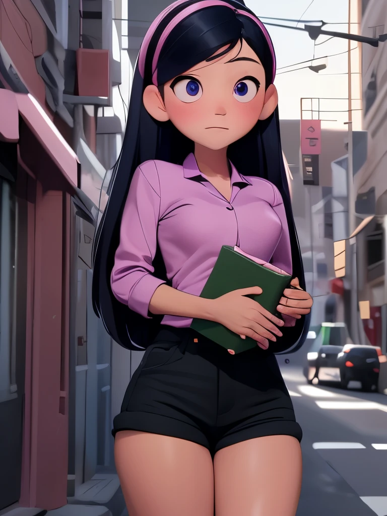 (best quality:1.4),(shiny skin), body focus, (cute face), (((best quality))), illustration, ((Beautiful Finger)), , Beautiful body, Beautiful character design, ,perfect lighting, Colorful, Bright_Front_face_Lighting, ultra high res, highres, absurdres:1.2, bokeh:1.2, lens flare, (vibrant_color:1.2), (Beautiful, medium breasts:1.2), (thick thighs:1.1), THICK, 
holding green folder or book, small nose, long black hair with pink hair clip, purple shirt, looking sideways, pink blush on cheeks, large blue eyes, white left eye with black pupil visible