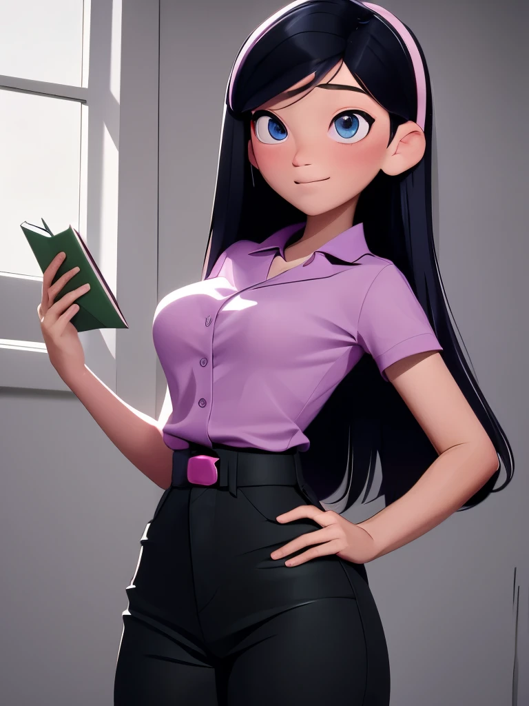 (best quality:1.4),(shiny skin), body focus, (cute face), (((best quality))), illustration, ((Beautiful Finger)), , Beautiful body, Beautiful character design, ,perfect lighting, Colorful, Bright_Front_face_Lighting, ultra high res, highres, absurdres:1.2, bokeh:1.2, lens flare, (vibrant_color:1.2), (Beautiful, medium breasts:1.2), (thick thighs:1.1), THICK,
holding green folder or book, small nose, long black hair with pink hair clip, purple shirt, looking sideways, pink blush on cheeks, large blue eyes, white left eye with black pupil visible