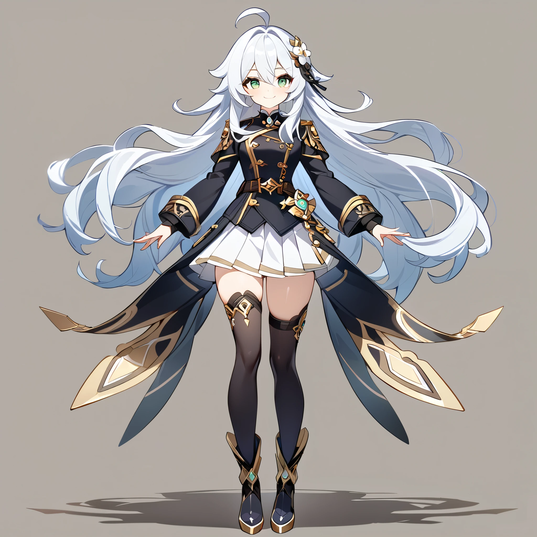 only 1girl, empty background, detailed eyes, well-defined eyes, ahoge, cute, 1girl, long white hair, hair white flower ornament, green eyes, round eyes, long hair, military uniform, black jacket, gold accents, white pleated skirt, thigh-high socks, black boots, smiling expression, detailed design, high quality, fantasy style outfit, elegant aesthetic, masterpiece, best quality. standing pose, full body view, extremely detailed, genshin art style, best quality, amazing quality, very aesthetic, highres, incredibly absurdres, symmetrical face, detailed eyes, well-defined eyes