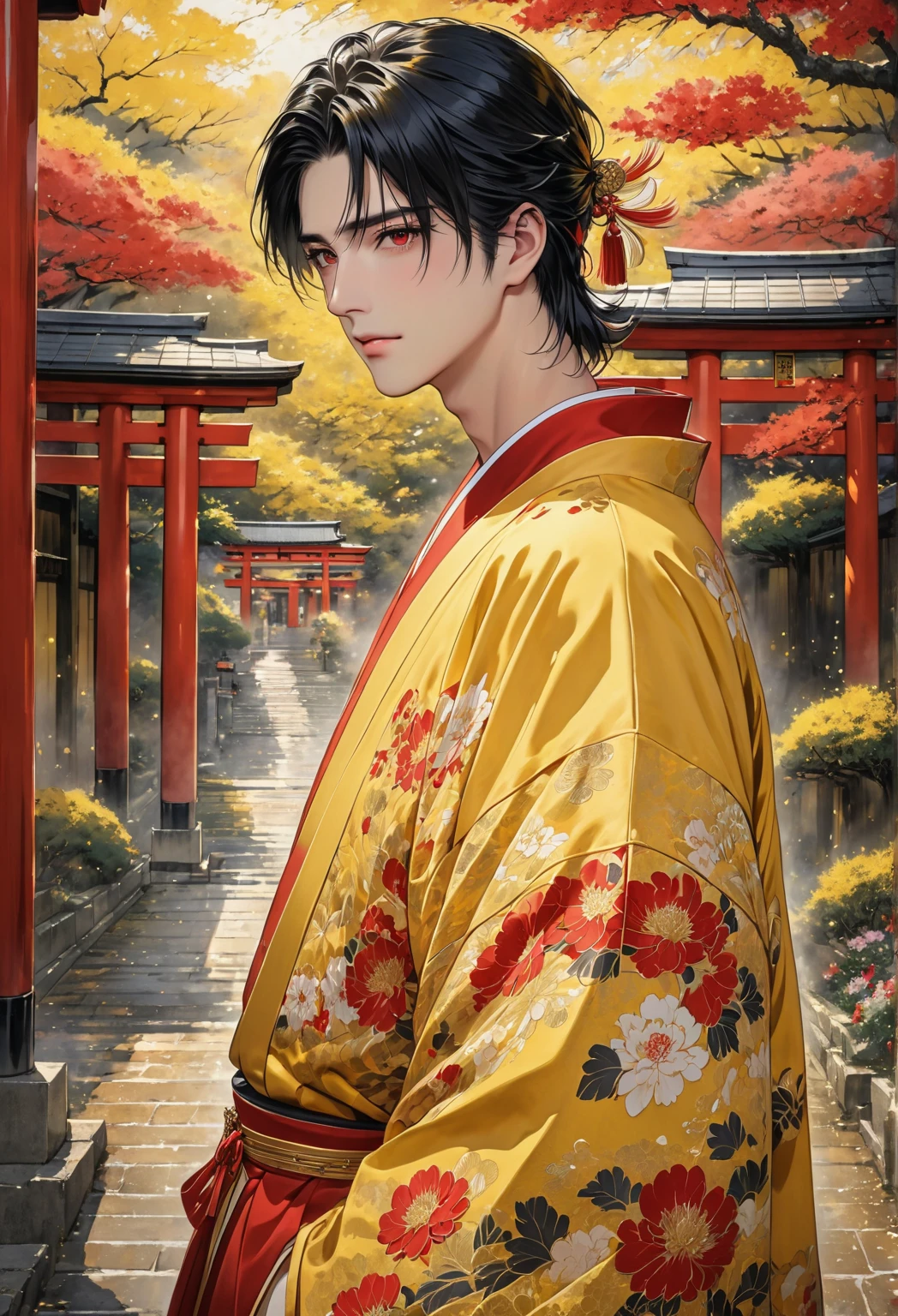 (( best quality)), ((masterpiece)), ( Details)、male１people、 long black hair 、 red eyes、emotionless eyes 、 yellow gold kimono、 standing under the torii gate、 handsome、Both have