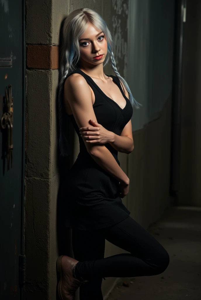 UHD, 4K, ultra detailed, cinematic, photograph of Emma Myers as Mei Mei from Jujutsu Kaisen, 22 years old, with light peach skin and a smooth, natural complexion. Her small, sharp dark brown eyes are alluring and expressive, with thin, natural-looking eyebrows. Her long blue-tinted silver hair is styled into two braids, one partially covering her face with soft, realistic strands.

She wears a form-fitting dark bodysuit with an attached skirt, the fabric slightly stretched over her larger, fuller breasts, emphasizing her curvaceous figure. The bodysuit and skirt accentuate her slim waist and wide hips, creating a seductive silhouette. Her pants tuck into light brown boots, detailed with realistic creases and scuffs.

Pose: Mei Mei is leaning against a wall, one leg bent and foot against the wall, arms crossed under her breasts, pushing them up slightly. Her head is tilted, lips slightly parted, exuding a confident, seductive aura.

Image Quality: Perfect skin with detailed pores, sharp focus, high quality photography, realistic textures, solo, looking at viewer, portrait, professional, bokeh, film grain, epic, beautiful lighting, photorealistic.

Additional Details: The lighting is cinematic, with soft shadows and highlights that enhance her curves and textures. The background is a dimly lit urban setting, detailed and gritty, complementing her pose and attire.