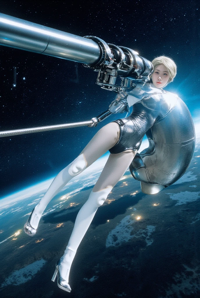 Highest quality,Highest Resolution,A beautiful android girl flying in space,Earth in the background,Get on the machine,