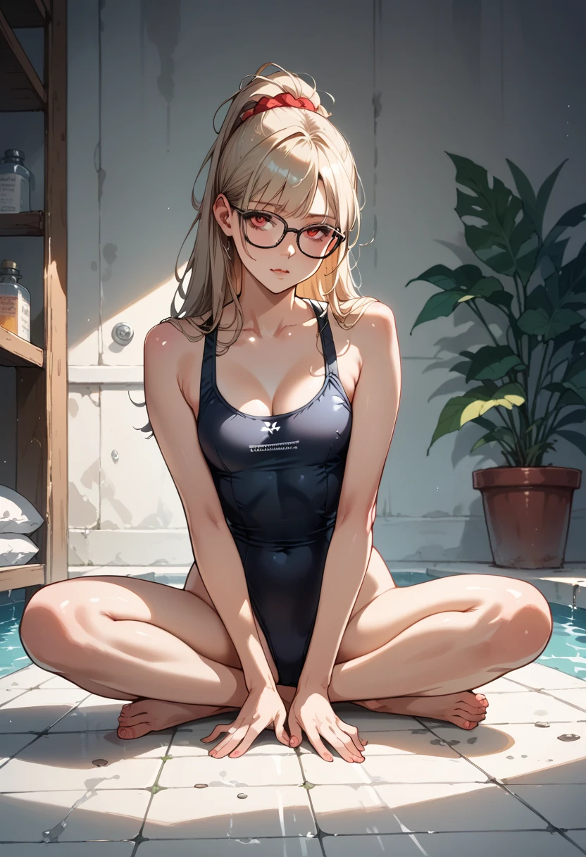   best quality  ,   highly detailed   ,    masterpiece  ,  Ultra-detailed, An American teenager,   long blond hair  ,  light skin, wearing a tiny black swimsuit  , wearing dark glasses with red lenses,  sexy pose sitting on the bathroom floor ,,Dynamic pose, barefoot, detailed body,,incredibly_absurdres,