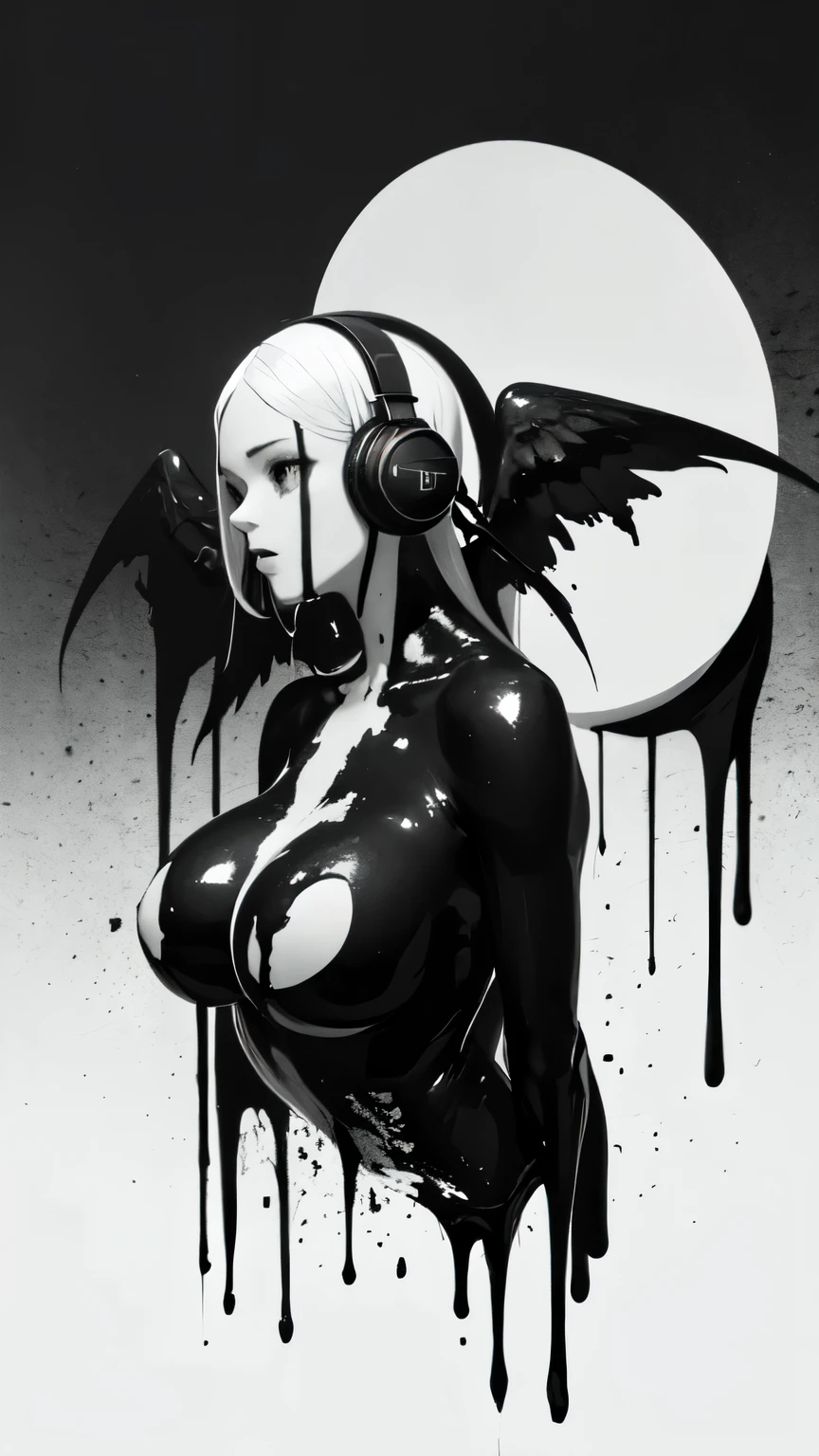 bs, solo, simple background, monochrome, upper body, greyscale, bodysuit, black background, 1other, monster, arms at sides, horror (theme), abstract, ,dark angel ,big breasts, long white hair, anime, music, headphones