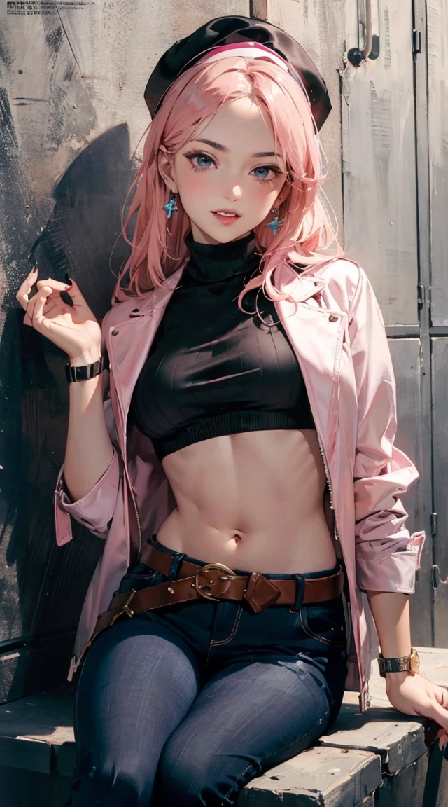 (masutepiece), (Best Quality), Realistic, Photorealism, 1girl in, Beautiful Girl, Perfect face, Perfect body, Sexy, (((Upper body wears only an air bomber jacket)))、(((Do not close the zipper))), No bra, Braless, Smile、Taut、Toned waist、fascinating butt、Plaid miniskirt、(((Lift skirt with hand to expose pink sexy panties)))、Wearing a pistol holder on the thigh、Smile full of happiness、Attractive pretty woman、Detailed cute big blue eyes、Detailed cute face、complexion with good blood circulation、pink cheek、Medium hair of maroon color、(((stick out)))、 Erect nipples、