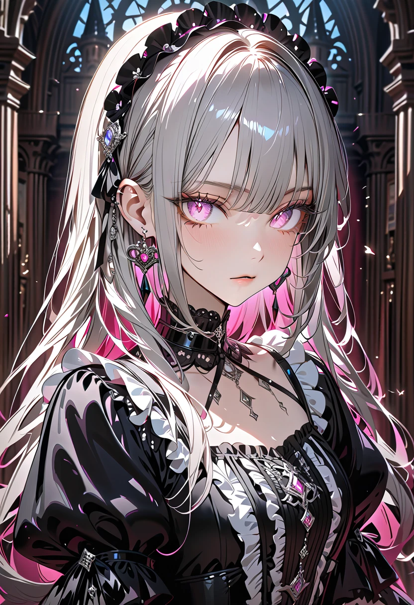 1 girl, ((Portrait of a beautiful girl in Lolita fashion: 1.4)), attractive face, elegant, gorgeous, (black gothic lolita dresses, choker, earrings, rings, jewelry), luxurious, detailed beautiful face, (shiny silver hair, long hair), glowing eyes, light reflecting in the eyes. (finely detailed beautiful eyes: 1.2), double eyelids, (eyelash: 1.2), (eye shadow: 1.2), cowboy shot, at a medieval european castle, ((very detailed, ultra-high resolution, absurdres, highres, masterpiece, best quality, very aesthetic, fine texture, newest, perfect lighting, best shadow, sharp focus, high color saturation)), (anatomically correct, perfect hands), (professional photography), ((anime art style)),