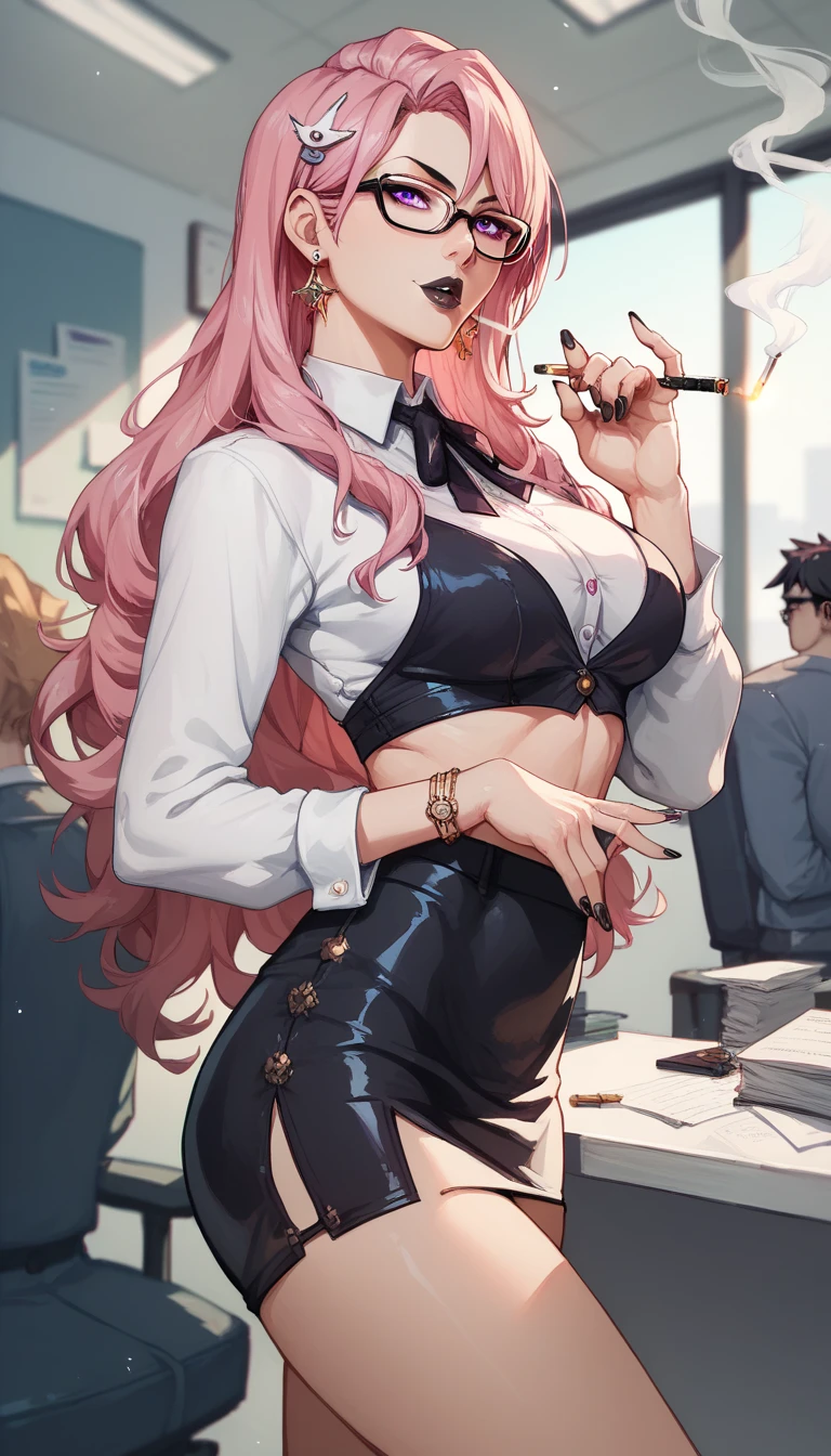 tsukishiro_yanagi, purple eyes, pink hair, long hair, hair ornament, glasses, earrings, microdress, make up, black lips, black nail, long nail, smoking, office background,