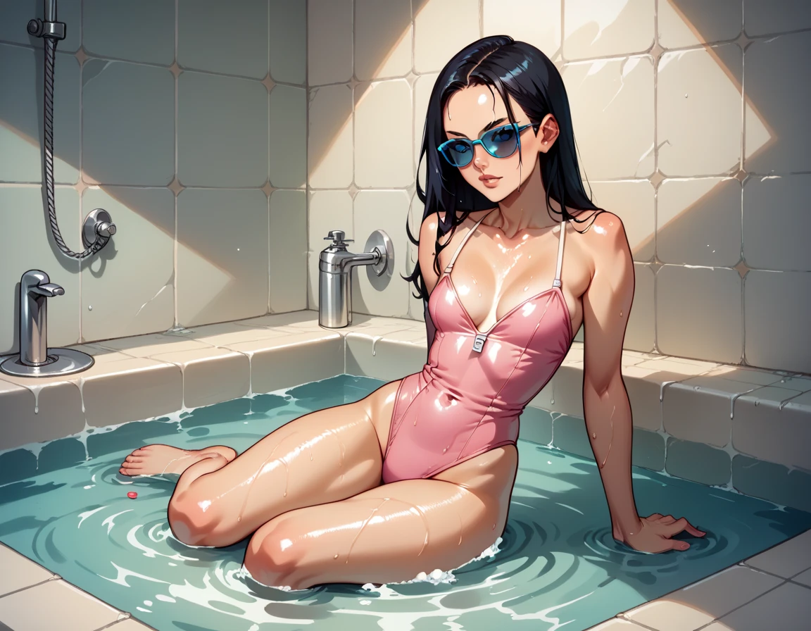   best quality  ,   highly detailed   ,    masterpiece  ,  Ultra-detailed, A Brazilian teenager,  big boobs,  long black hair  ,  light skin, ((( wearing a tiny pink bathing suit ))),   wearing dark sunglasses with blue lenses,   sitting on the floor  , From the bathroom  , wet floor,Dynamic pose, barefoot, detailed body,,incredibly_absurdres,