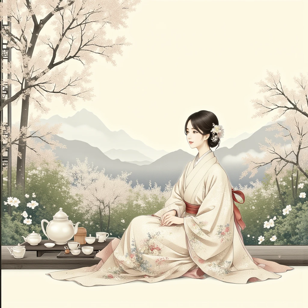 koso1,A traditional-style illustration of an elegant woman sitting in a peaceful outdoor tea ceremony setting, wearing a beautifully detailed koso1 with floral patterns and short sleeves. Her hair is beautifully down,adorned with traditional hairpins. She is positioned beside a small wooden table holding teapots and cups. The background features a serene natural scene with delicate cherry blossoms hanging from tree branches, lush plants, and distant mountains. The art style has a hand-drawn, monochromatic ink aesthetic with subtle shading and traditional decorative elements. The composition exudes a calm and harmonious atmosphere.