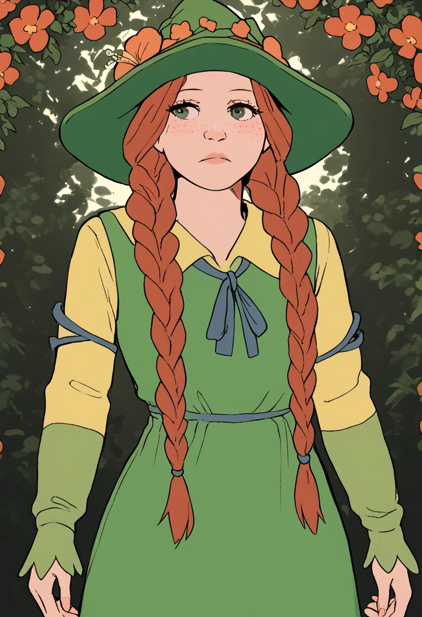 score_9, score_8_up, score_7_up, source_cartoon, BREAK 1girl, Mgarlick, red hair, long hair, twin braids, freckles, Hair over shoulders, Green dress, long sleeves, green hat, hat flowers, Banjabu