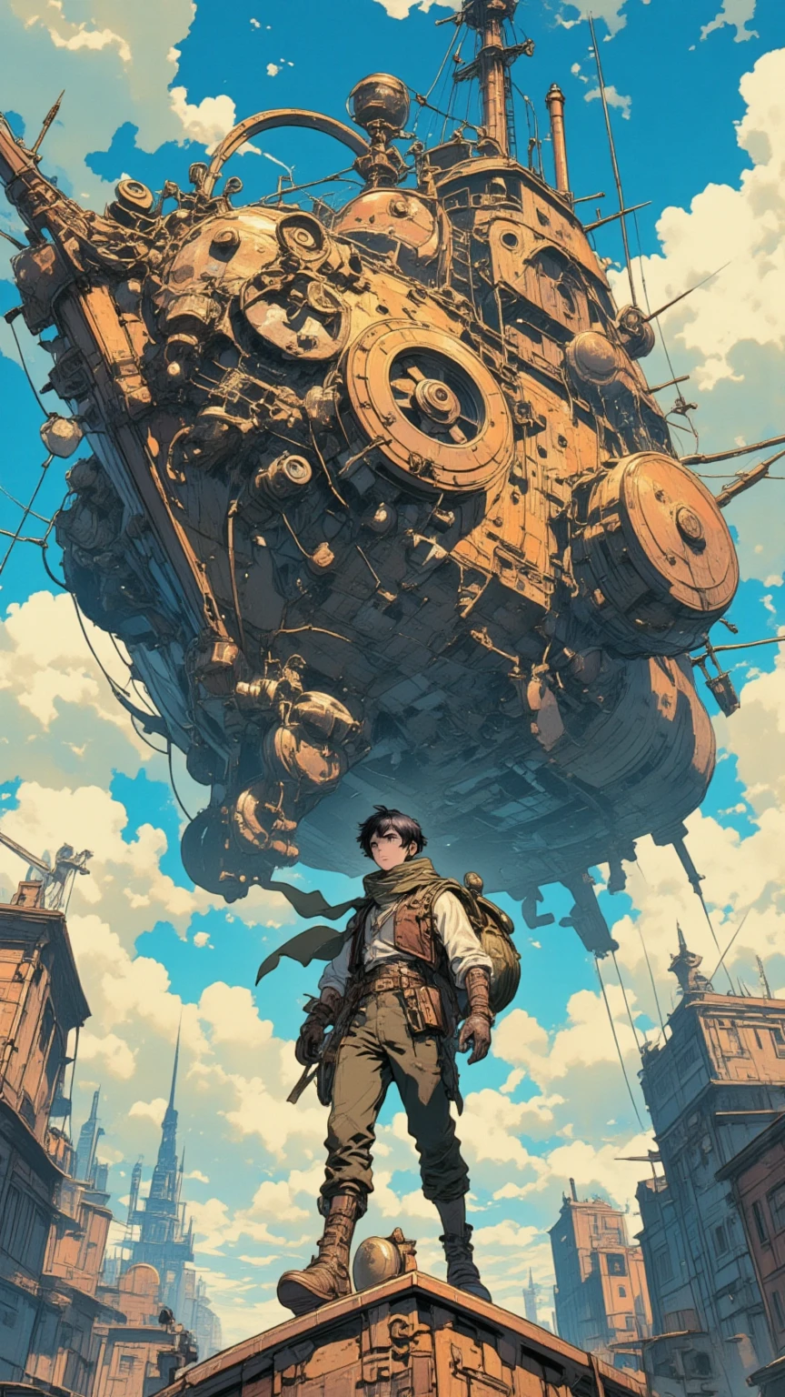 (Masterpiece, High Quality, High Quality, 8k, 16k, Detail: 1.5、Steampank style detail:2.0),A steampunk-themed illustration featuring a flying ship equipped with gears and steam engines, soaring through the sky with intricate mechanical details. A young boy wearing Victorian-era goggles and punk-inspired fashion is standing on the ship's deck, looking adventurous and spirited. The boy's outfit includes a leather vest, brass accessories, and a scarf fluttering in the wind. The background features a vibrant sky with clouds and hints of a fantastical cityscape below. The scene exudes a mix of retro-futuristic charm and adventurous spirit.