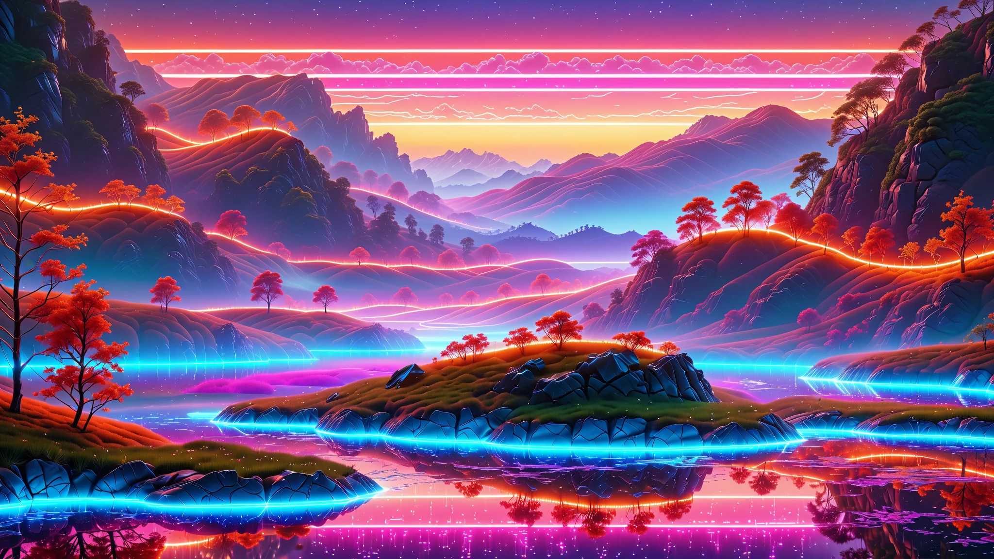 A Masterpiece In 32K Resolution, Supreme Quality, Super Detail, Official Art, Very High-Resolution 32K Wallpaper, Beautiful And Aesthetic, Ultra-Detailed Features, Awe-Inspiring Detail. A Masterpiece In 32K Resolution, Supreme Quality, Super Detail, Official Art, Very High-Resolution 32K Wallpaper, Beautiful And Aesthetic, Ultra-Detailed Features, Awe-Inspiring Detail. An Abstract 32K Landscape That Blends Nature And Technology Seamlessly. Rolling Hills Of Polished Metal Reflect The Soft Glow Of A Digital Sky Filled With Circuit-Like Patterns. In The Distance, Towering Trees Made Of Fiber Optic Cables Glow In Vibrant Neon Hues, Creating A Mysterious, Otherworldly Atmosphere.