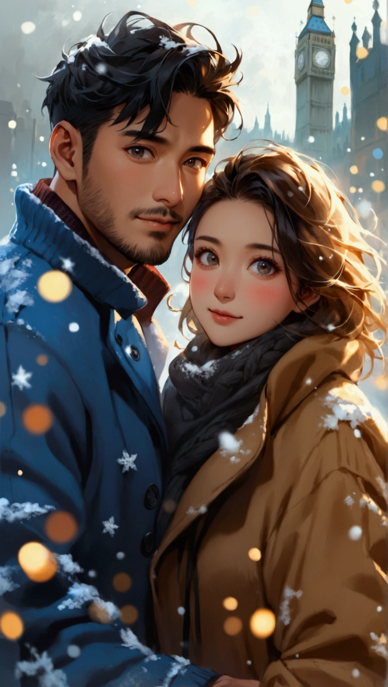 Portray a full shot of an international couple walking arm in arm amid London's winter magic. The couple is looking directly in to the camera exposing their gentle blushes. The couple features an Asian man in his thirties and a white European woman in her twenties. The man has a strong square face, light brown skin, golden undertone, round black eyes, low cheek bones, a prominent nose, and short black hair. He is dressed in a blue stadium jacket. The pretty oval face of the European woman is defined by almond eyes in light hazel color, low cheek bones, prominent nose, blonde hair and fair complexity. She is dressed in a blue sweater. London background on a chilly evening with gray sky, ((full shot)), ((looking at viewer)), ((Asian man)), ((European woman)), (couple shot), ((wide view)), highly detailed, soft lighting, natural makeup, vibrant colors, ((prominent nose)), ((excited expression)), ((from below)), 