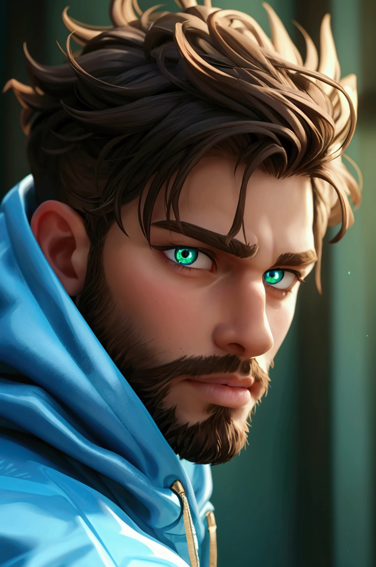 ((Masterpiece))) Full Body, Full Body Shot (One MAN) ((Brown Hair, Beard, short Hair, wavy Hair, Both Sides Up))), ((Green Eyes))), Glow Eye, Hyper Detail Eye, Complex Eyes, Beautiful Eyes, Detailed Eyes, (((Star-shaped pupils, glowing pink pupils))) 40 year old mans. (wearing a light blue hoodie of PVC material))  is pointing his index finger towards the right side of the image