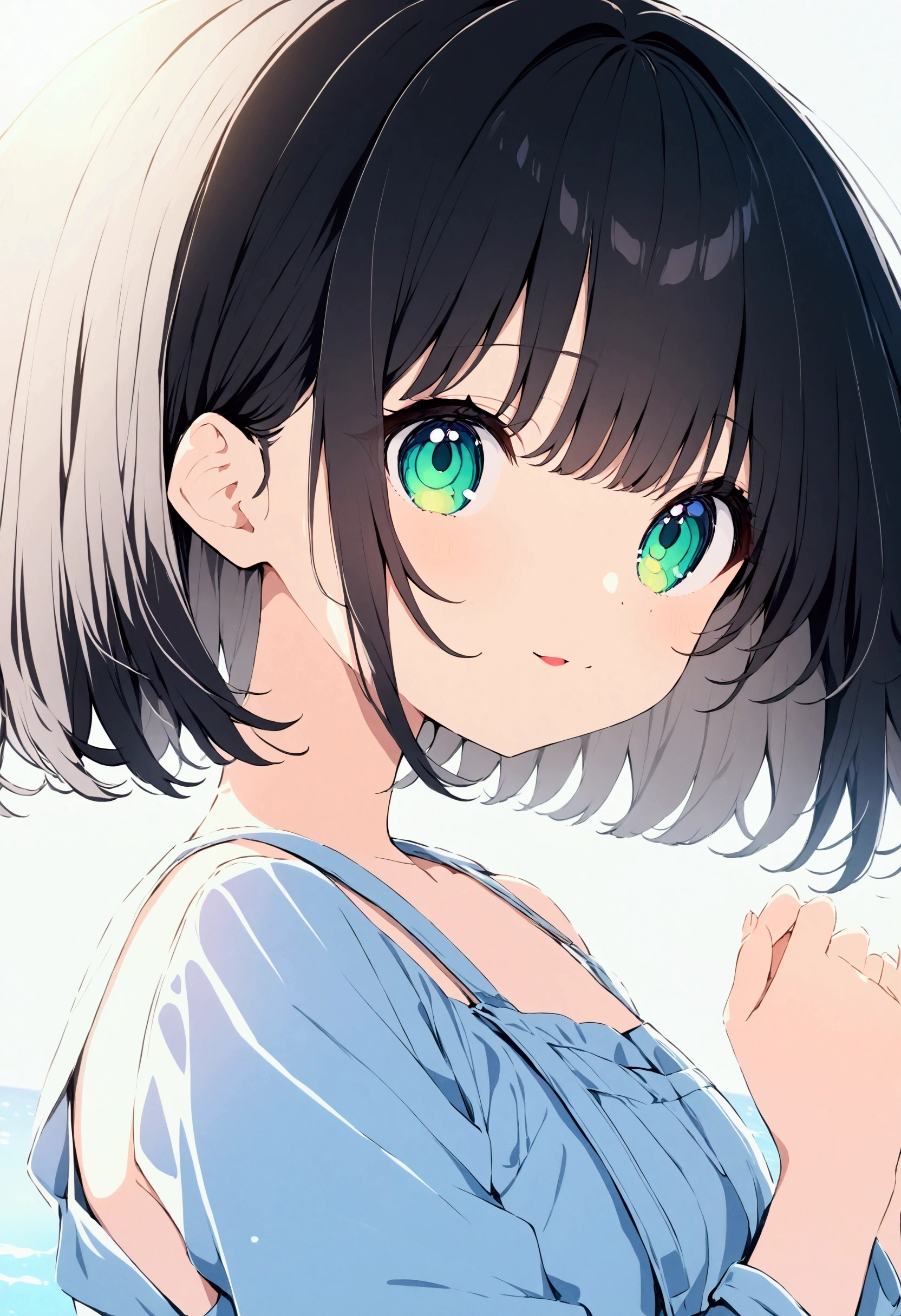Anime girl with green eyes and black hair in front of a blue sky ...