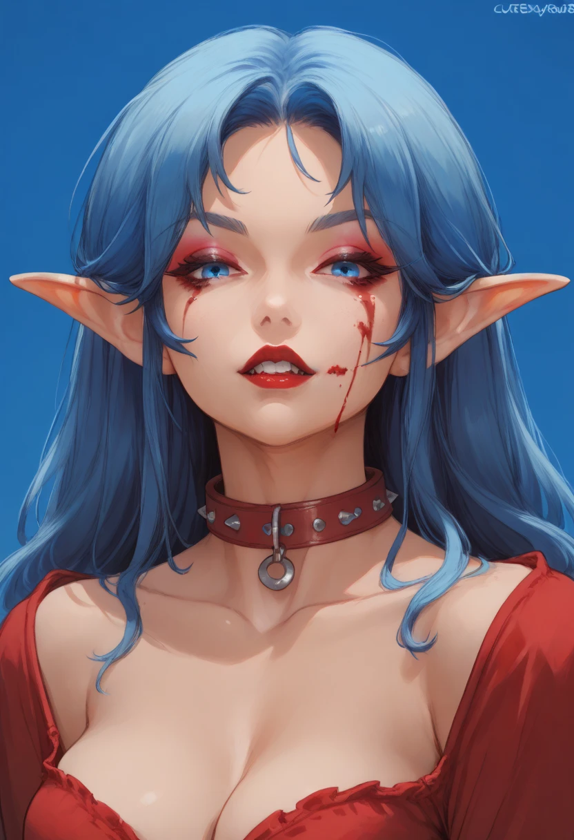 score_9, score_8_up, score_7_up, score_6_up, score_5_up, wat, 1girl, pointy ears, solo, breasts, red long hair, blue eyes, makeup, elf, blue hair, blood on face, looking at viewer, upper body, cleavage, blood, lipstick, teeth, parted , collar, medium breasts, eyeshadow, blue background, zPDXL3, detailxl,