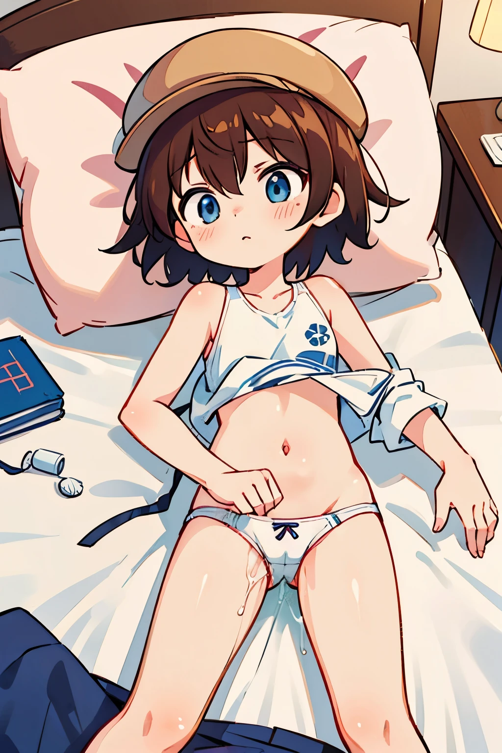 (Perfect body),Best Quality,(8K Portrait),(Official art)、((NSFW))、((((Lori))))、((((Short stature))))、embarrassed from、1girl in,((((:D))))、Surprised、is crying、(blush),(Sweat),(((flat chest)))、(thick thighs)、(big butts)、Pink hair、((Short hair))、((Wavy Hair))、White Cat Mimi、Light blue high-leg swimsuit、Pink tie、((Feline Pose))、Cat gloves、 White knee socks、(yellow  eyes)、Cowboy Shot、Bedrooms、((spreading legs))、((Lying on your back))