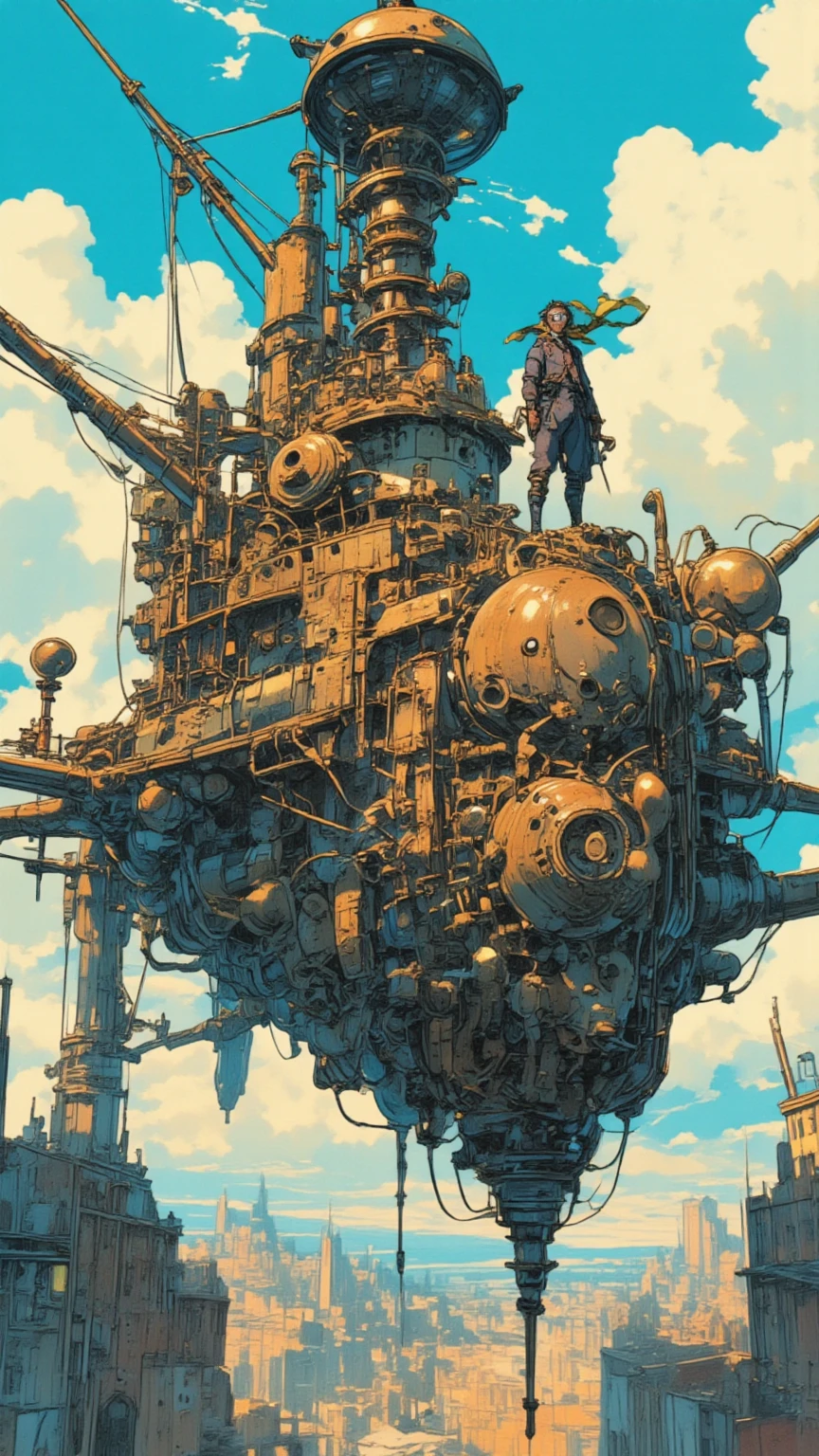 (Masterpiece, High Quality, High Quality, 8k, 16k, Detail: 1.5、Steampank style detail:2.0),A steampunk-themed illustration featuring a flying ship equipped with gears and steam engines, soaring through the sky with intricate mechanical details. A young boy wearing Victorian-era goggles and punk-inspired fashion is standing on the ship's deck, looking adventurous and spirited. The boy's outfit includes a leather vest, brass accessories, and a scarf fluttering in the wind. The background features a vibrant sky with clouds and hints of a fantastical cityscape below. The scene exudes a mix of retro-futuristic charm and adventurous spirit.