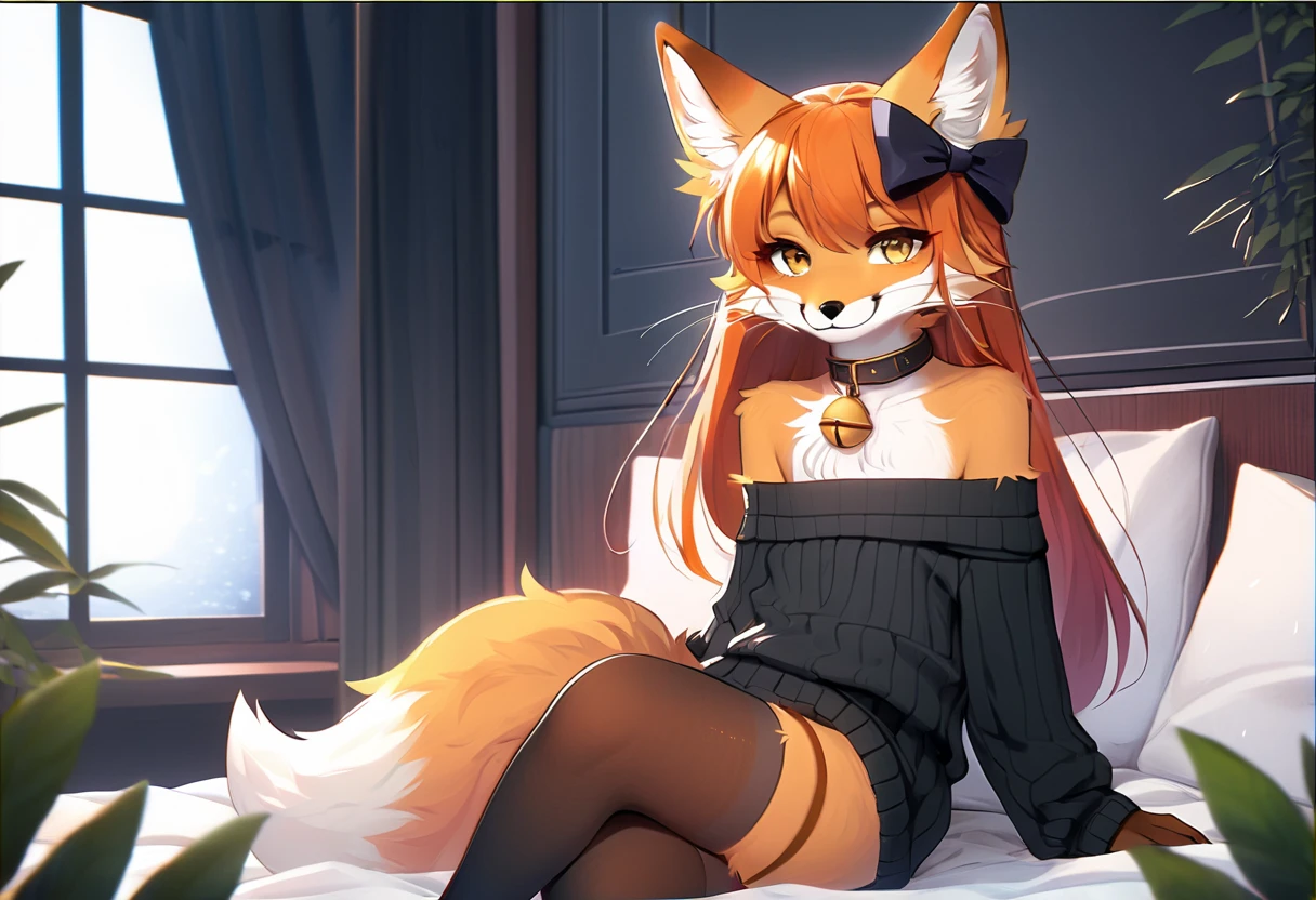 full body、Solo、unpralleled masterpiece、Detailed、 Beautiful、 score_9、 score_8_up、 score_7_up、moody atmosphere、mysterious、fox、anthro、furry、female、orange fur、(long hair、beautiful hair、orange hair、side swept hair、bangs)、yellow eyes、(fur tuft on chest、tuft of fur)、(digitigrade、claws、fox paws、exposed feet)、(foxy whiskers)、(heavily shaded orange body、dark black shading on body)、(sassy pose、sassy hips、sassy、flirtatious)、fluffy tail、(smug smile)、wearing (Black simple stylish long socks、non-transparent thigh highs、Black crop off shoulder sweater、Colored hair bow、Collar with gold bell)、indoors、in a bedroom、pillow、night、green plant on a desk、on knees、behind view、back view、looking back at viewer