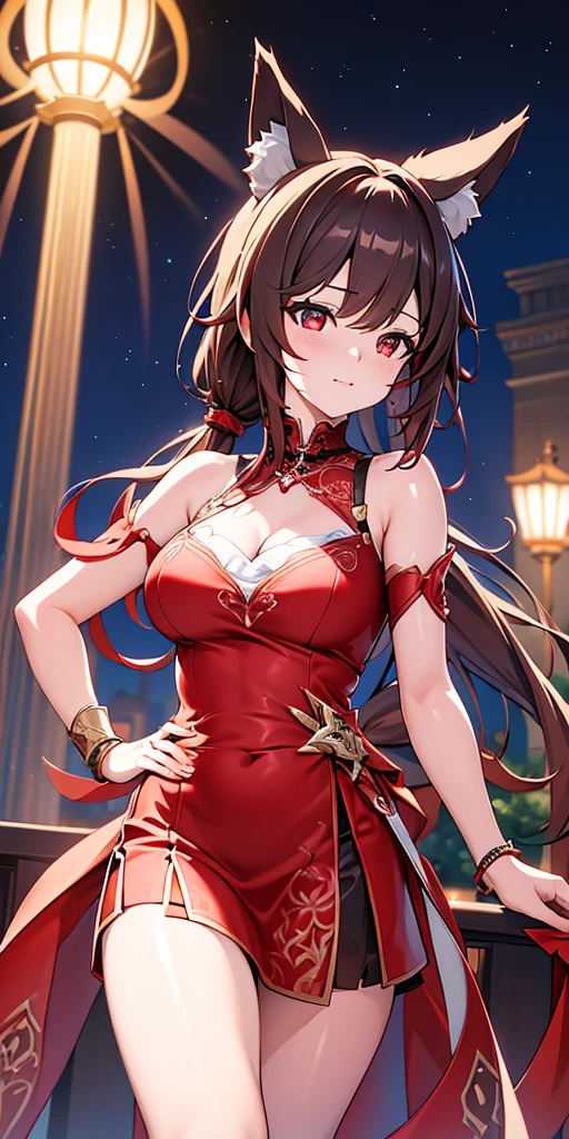 beautiful woman with red eyes, 2 ponytails, long brown hair, fox ears, wearing a beautiful red dress, honkai star rail style, cute girl, (best quality,4k,8k,highres,masterpiece:1.2),ultra-detailed,(animated,photorealistic,photo-realistic:1.37),intricate details,exquisite,vivid colors,cinematic lighting,concept art,digital painting