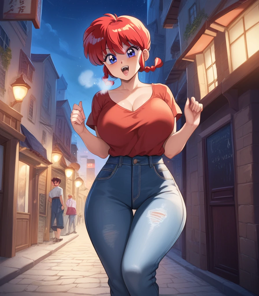  1 girl, background, (Ranma-chan), , Red Hair, Big Breasts,  tomboy , Short Pigtails, night, Hot breath,  open mouth, dimmed lighting,  standing, city, big teeth,  wide hips,  toned body outdoors in the city, wearing slutty Prostitute outfit,  miniskirt, abdomen, Prostitute,  purple eyeshadow, ( Detailed Fingers ), peeking through a string ,  clevis on a stone, teeth,  camel's toes, Cat showing 