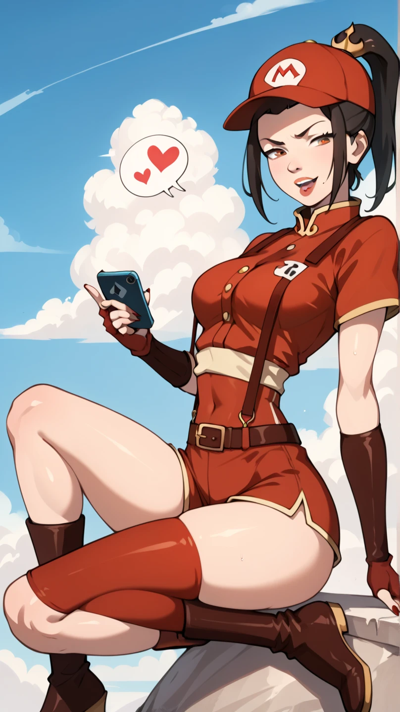 Azula from Avatar The Last Airbender wearing a sexy version of Super Mario's outfit from Nintendo, a tight red crop top and blue high-waisted shorts with suspenders, her figure is curvy with large breasts, a slim waist, and thick thighs, she is wearing Mario's signature red cap with an 'M' on the front, paired with white gloves and knee-high red boots, her hair is styled elegantly with her signature dark brown color, her expression is confident and playful, the setting is minimalist to emphasize her outfit, there are no elements or colors related to the Fire Nation"