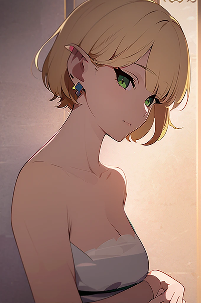 ( masterpiece,  best quality),  intricate details ,  1 girl,  1 girl, short hair,blonde hair, jewelry,Earrings, pointed ears , bare shoulders,green eyes,strapless,armband,Dress,strapless Dress,reif,collarbone, Zelda