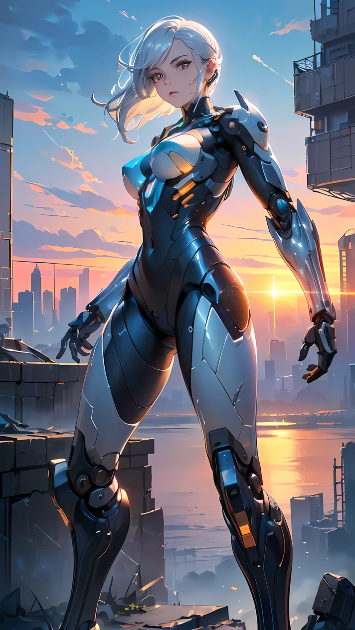 (((Best quality, 8k, Masterpiece: 1.3)), ((best quality)), ((masterpiece)), (detailed), perfect face, perfect body, (detailed skin:1.3), (intricate details), Sci-fi, android, mechanical arms, metallic body, streamlined body, silver hair, glittering even to the tips, Ruined city and buildings, sunset, Cyberspace, a highly functional mechanical body