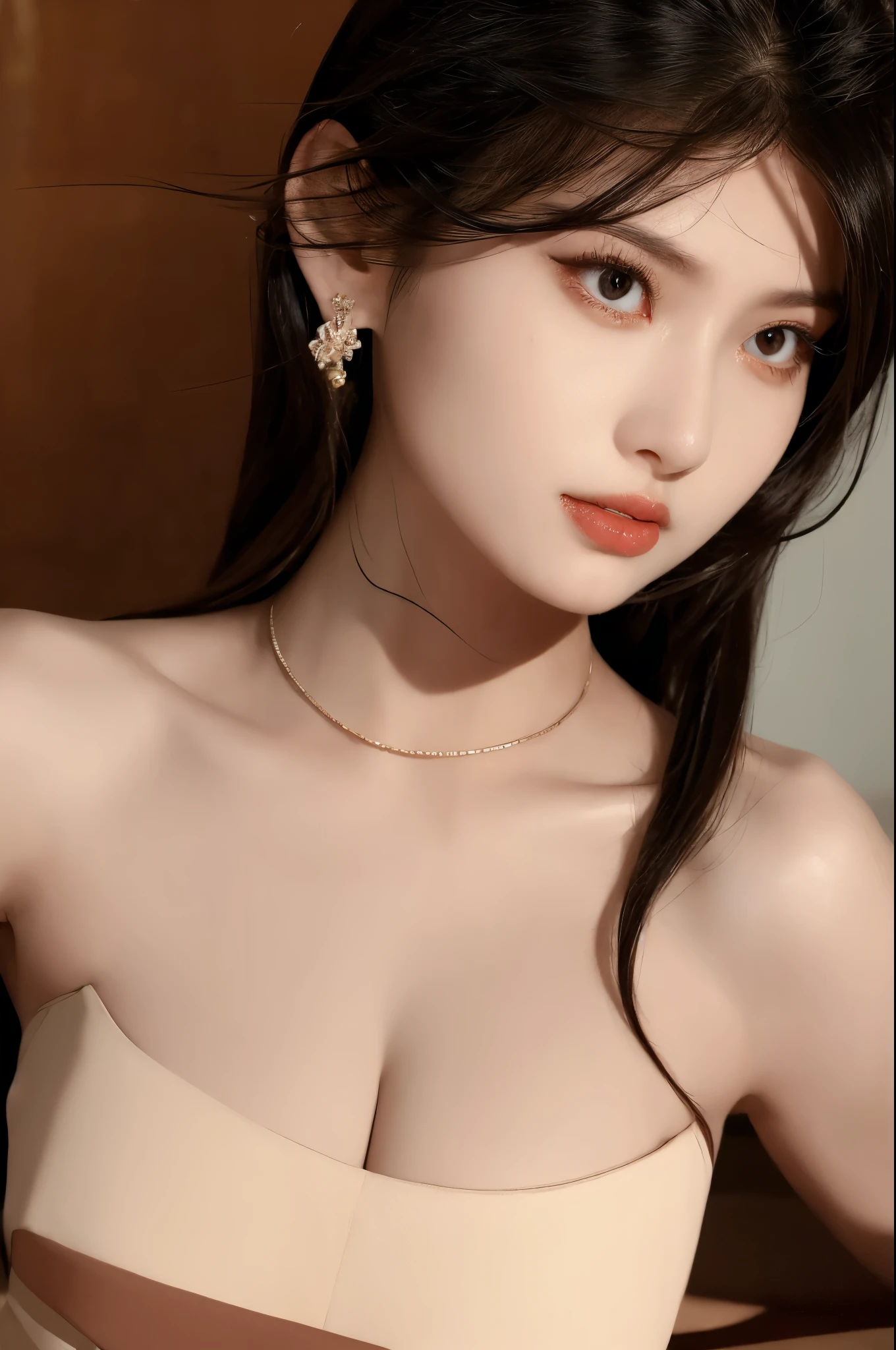 (masterpiece, highest quality、Beautiful woman full of adult charm:1.4、head tilt),1 girl, solo, black hair, real, look at the audience, pale black eyes, short hair, lips, lip gloss，bangs,, closed mouth, Big eyes、eyelashes、(((((((Only the upper body is naked)))))))、((bangsのあるショートヘア、Big eyes、Give students very strong highlights、small breasts same、look at the viewer、very beautiful beauty、stick out ears、long neck、smile a little、Close your mouth and smile、nipple visible)))、28 years old、Cute supermodels、abs