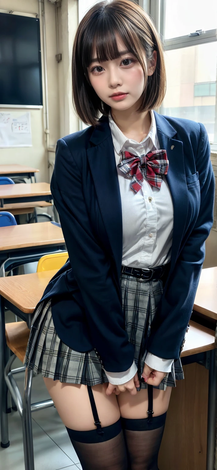 masterpiece, best quality, illustration, Super detailed, fine details, High resolution, 8K,wall paper, perfect dynamic composition,(Details High quality, realistic depiction of eyes:1.3), High School Classroom、High school girl uniform、blazer 、Super Short Check Uniform Skirt、Navy blue high socks、garterbelts、Disturbed uniform, (updo:1.2), black hair color, large breasts, Big Natural Color Lip, bold sexy pose, (kneeling), perfect body shape, crying a little、20 year old girl、cute type, beautiful legs, hposing Gravure Idol, Voluptuous thighs
