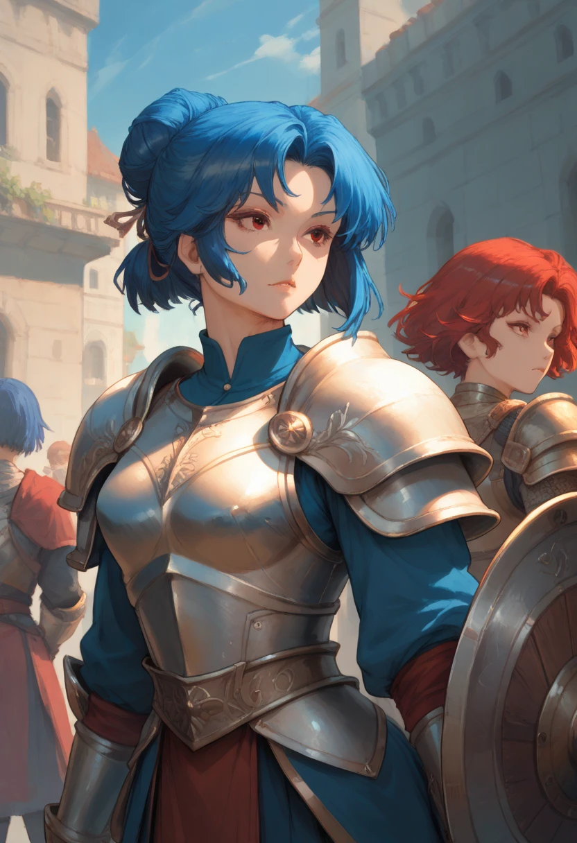 score_9, score_8_up, score_7_up, score_6_up, score_5_up, score_4_up,  virginiaUO, blue hair, red eyes, short hair, single hair bun, armor, shield