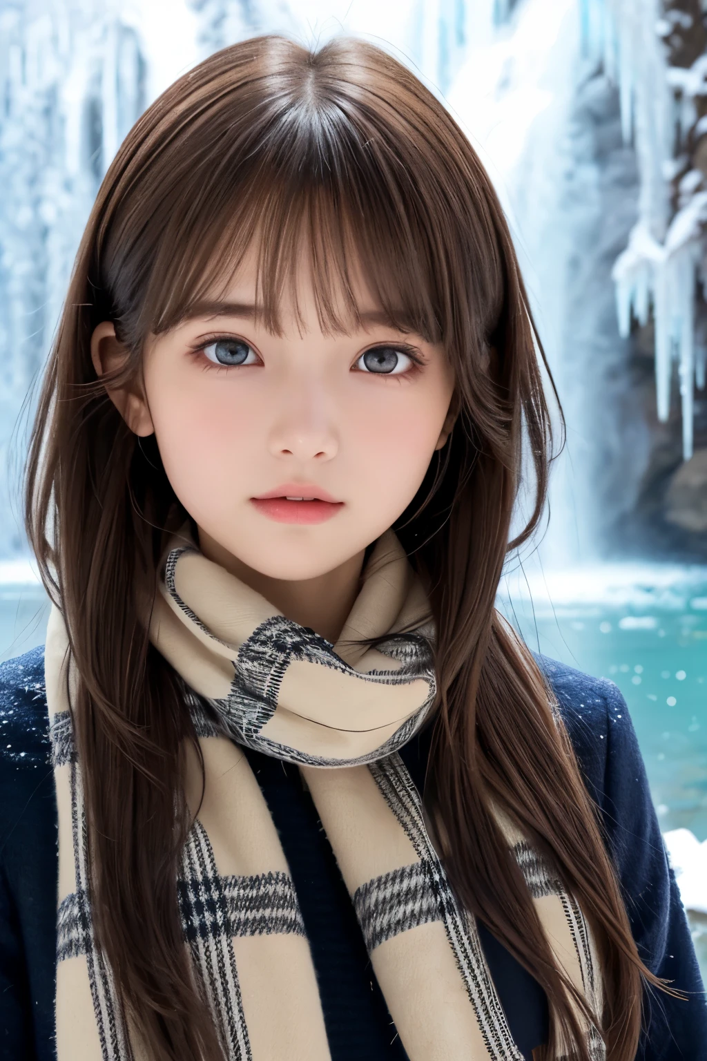 1girl, (a beauty girl, delicate girl, beautiful girl, innocent girl:1.3), (yo:1.3),
break, (winter uniform, plaid scarf, skirt:1.25),
break, (icicle, frozen waterfall background:1.25),
break, very fine eyes, (symmetrical eyes:1.3),
break, (flat breasts:0.5), (round face, ba (brown eyes), parted bangs, (brown hair), long hair,
break, (eyes and faces with detailed:1.0),
break, (masterpiece, best quality, ultra detailed, detailed face, 8k)