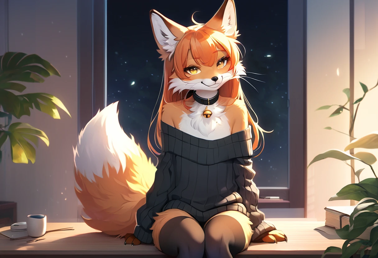 full body、Solo、unpralleled masterpiece、Detailed、 Beautiful、 score_9、 score_8_up、 score_7_up、moody atmosphere、mysterious、fox、anthro、furry、female、orange fur、(long hair、beautiful hair、orange hair、side swept hair、bangs)、yellow eyes、(fur tuft on chest、tuft of fur)、(digitigrade、claws、fox paws、exposed feet)、(foxy whiskers)、(heavily shaded orange body、dark black shading on body)、(sassy pose、sassy hips、sassy、flirtatious)、fluffy tail、(smug smile)、wearing (Black simple stylish long socks、non-transparent thigh highs、Black crop off shoulder sweater、Colored hair bow、Collar with gold bell)、indoors、in a bedroom、pillow、night、green plant on a desk、on knees、behind view、back view、looking back at viewer