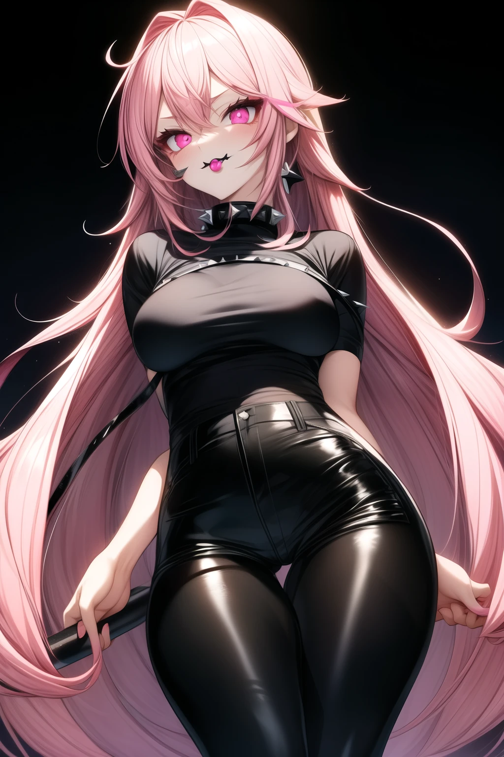 (Masterpiece, high quality) 1 beautiful demon girl, solo, long pink hair, detailed eye, cute face, looking at viewers, cute smile, squatting pose, wearing black open jacket (off the shoulder), small black skirt, white background, breast size 110 visible through her jacket, black shoes