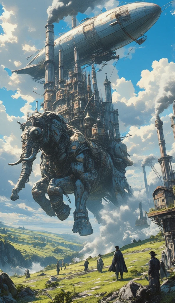 A steampunk-inspired, self-moving castle designed to have the silhouette of an elephant without looking exactly like one. The structure is an unsymmetrical and complex fusion of mechanical parts, gears, and steam-powered engines, with large metallic legs resembling an elephant's, a trunk-like front, and steam pipes forming tusk-like shapes. The body of the castle is a blend of industrial elements and steampunk designs, featuring smokestacks emitting black smoke and small houses built onto its sides. The castle is galloping. Above the moving castle is a giant steampunk airship. In the foreground, a few gentlemen in Victorian steampunk outfit look on. The backdrop is a lush, grassy plain with rocky terrain and a blue sky filled with clouds, evoking a mystical, cinematic atmosphere reminiscent of Studio Ghibli's art style. The image is slightly blurry caused by the amount of smoke the castle emits.