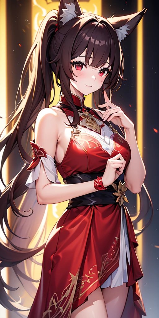 beautiful woman with red eyes, 2 ponytails, long brown hair, fox ears, wearing a beautiful red dress, honkai star rail style, cute girl, (best quality,4k,8k,highres,masterpiece:1.2),ultra-detailed,(animated,photorealistic,photo-realistic:1.37),intricate details,exquisite,vivid colors,cinematic lighting,concept art,digital painting